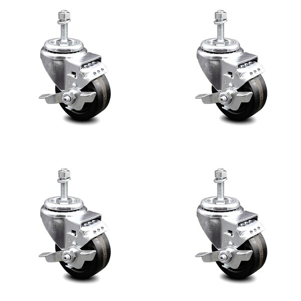 Service Caster 3 Inch Phenolic Wheel Swivel 3/8 Inch Threaded Stem Caster Set with Brake SCC SCC-TS20S314-PHR-TLB-381615-4 - main